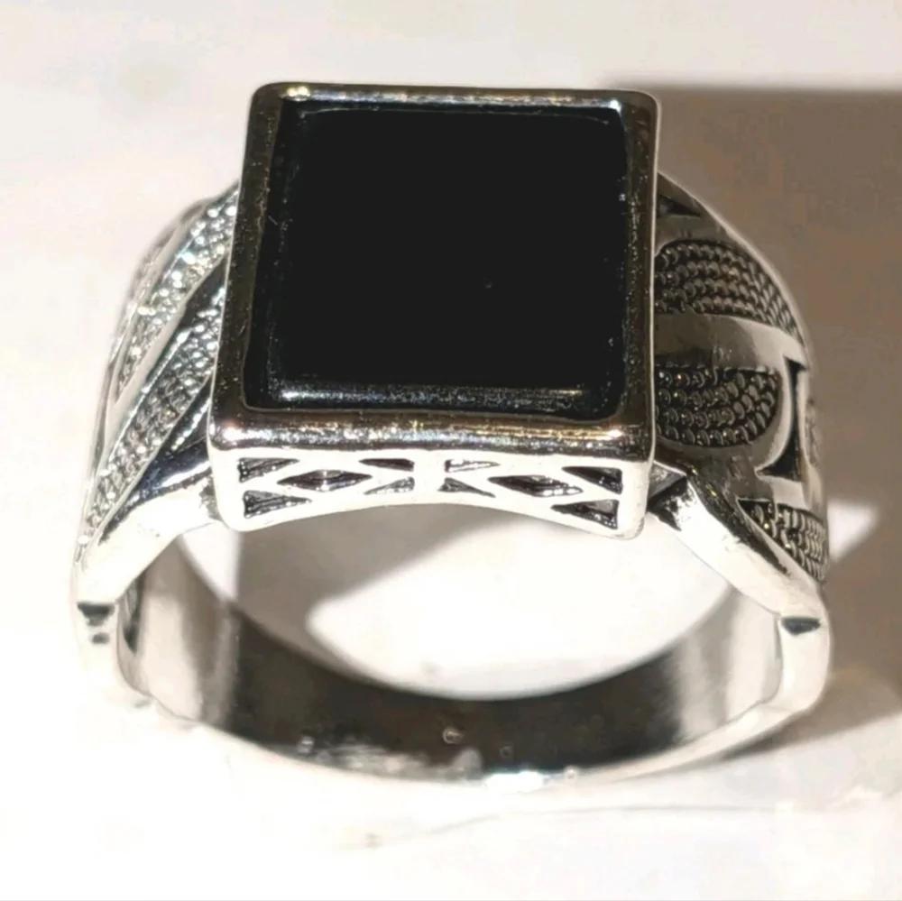 14k White Gold Plate Over Sterling Silver Turkish Gemstone Black Onyx Men's Ring